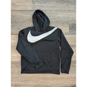 Black Nike Hoodie Mens Med Therma White Big Swoosh Dri Fit Pullover Sweatshirt